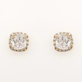 30707 14K YELLOW GOLD CUBIC ZICRONIA CUSHION CUT WITH HALO STUD EARRINGS