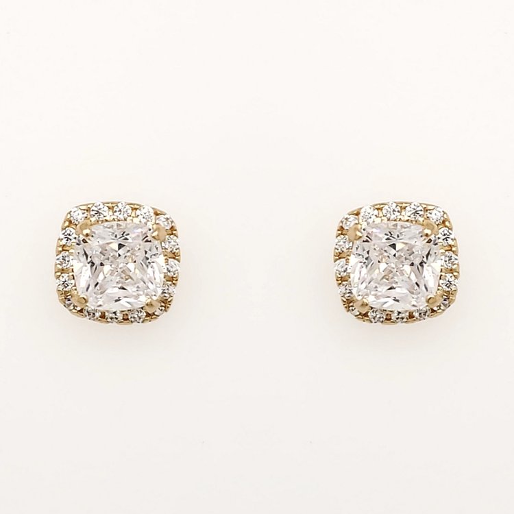 30707 14K YELLOW GOLD CUBIC ZICRONIA CUSHION CUT WITH HALO STUD EARRINGS