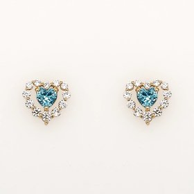 30700 14K YELLOW GOLD SYNTHETIC BLUE TOPAZ HEART WITH CUBIC ZICRONIA HALO STUD EARRINGS