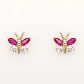 30712 14K YELLOW GOLD BUTTERFLY FUCSIA CUBIC ZICRONIA STUD EARRINGS