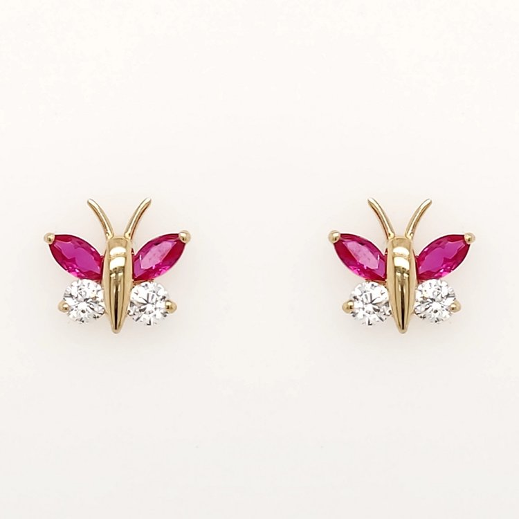 30712 14K YELLOW GOLD BUTTERFLY FUCSIA CUBIC ZICRONIA STUD EARRINGS