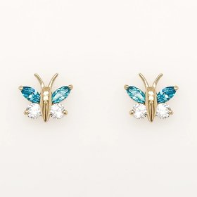 30713 14K YELLOW GOLD BUTTERFLY WITH SYNTHETIC BLUE TOPAZ AND CUBIC ZICRONIA STUD EARRING