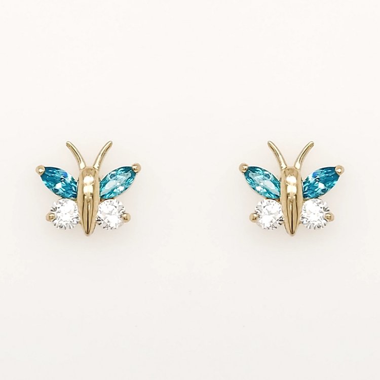30713 14K YELLOW GOLD BUTTERFLY WITH SYNTHETIC BLUE TOPAZ AND CUBIC ZICRONIA STUD EARRING