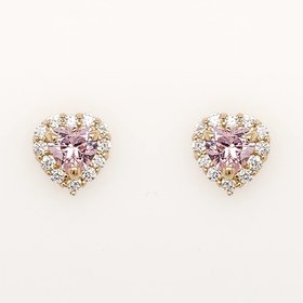 30698 14K YELLOW GOLD 8MM SYNTHETIC PINK TOURMALINE HEART  WITH HALO CUBIC ZICRONIA STUD EARRINGS
