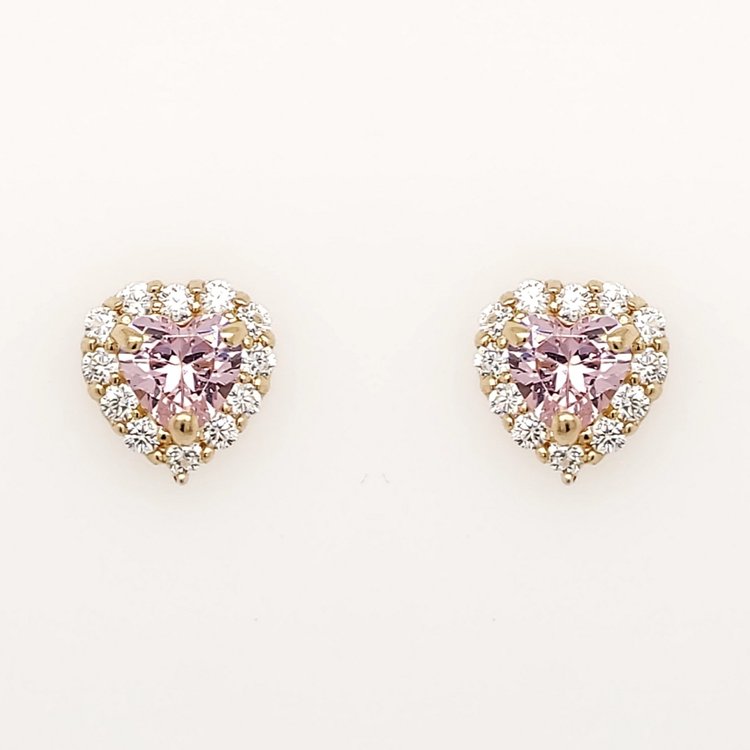 30698 14K YELLOW GOLD 8MM SYNTHETIC PINK TOURMALINE HEART  WITH HALO CUBIC ZICRONIA STUD EARRINGS