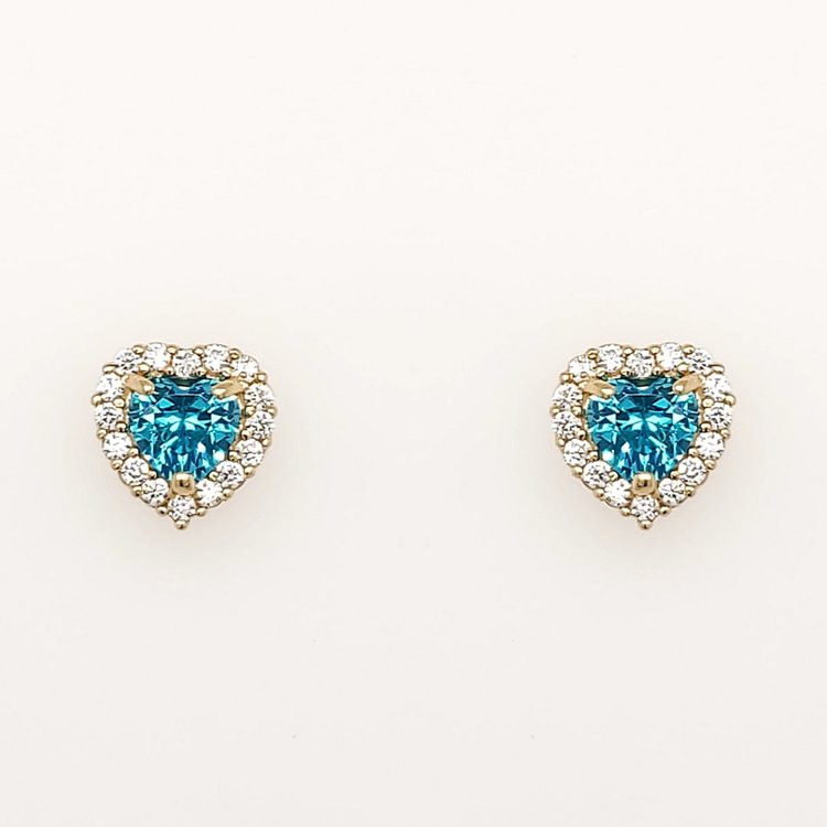 30715 14K YELLOW GOLD 6.5MM  SYNTHETIC BLUE TOPAZ HEART WITH CUBIC ZICRONIA HALO STUD EARRINGS