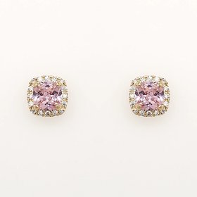 30704 14K YELLOW GOLD CUSHION CUT SYNTHETIC PINK TOURMALINE WITH CUBIC ZIRCONIA HALO STUD EARRINGS