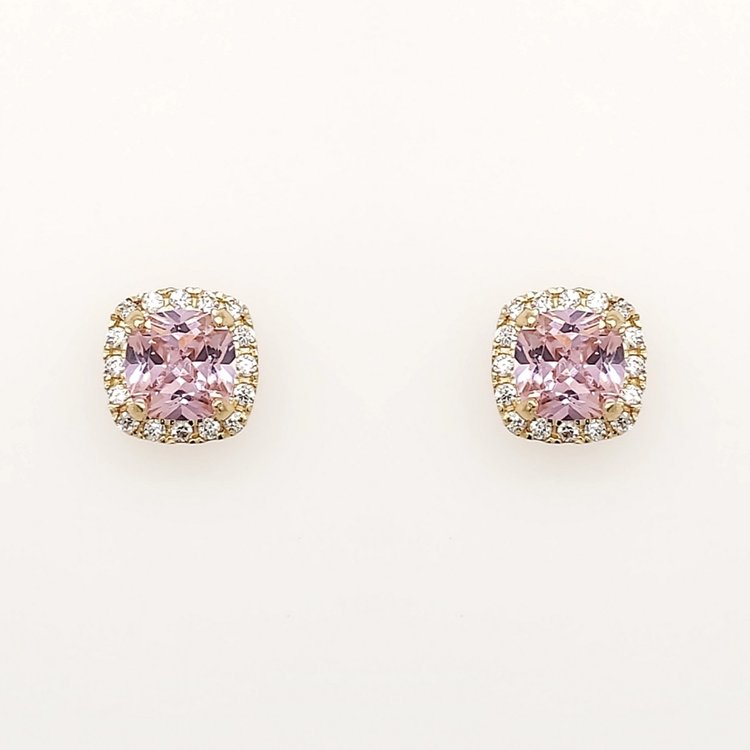 30704 14K YELLOW GOLD CUSHION CUT SYNTHETIC PINK TOURMALINE WITH CUBIC ZIRCONIA HALO STUD EARRINGS