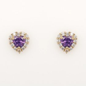 30696 14K YELLOW GOLD 8MM HEART SYNTHETIC AMETHYST WITH CUBIC ZICRONIA HALO STUD EARRINGS