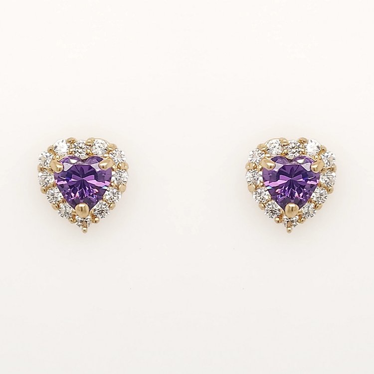 30696 14K YELLOW GOLD 8MM HEART SYNTHETIC AMETHYST WITH CUBIC ZICRONIA HALO STUD EARRINGS