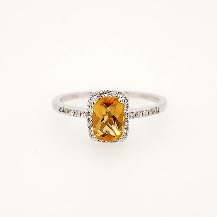 40156 14K WHITE GOLD .10CTW DIAMOND HALO CUSHION CHECKERBOARD CUT CITRINE RING