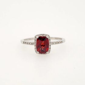 40159 14K WHITE GOLD .10CTW DIAMOND HALO CUSHION CHECKERBOARD CUT GARNET RING