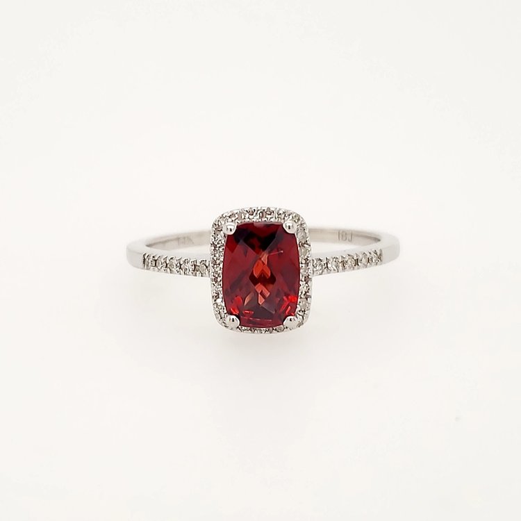 40159 14K WHITE GOLD .10CTW DIAMOND HALO CUSHION CHECKERBOARD CUT GARNET RING
