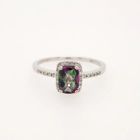 40155 14K WHITE GOLD .10CTW DIAMOND HALO CUSHION  CHECKERBOARD CUT MYSTIC TOPAZ  RING