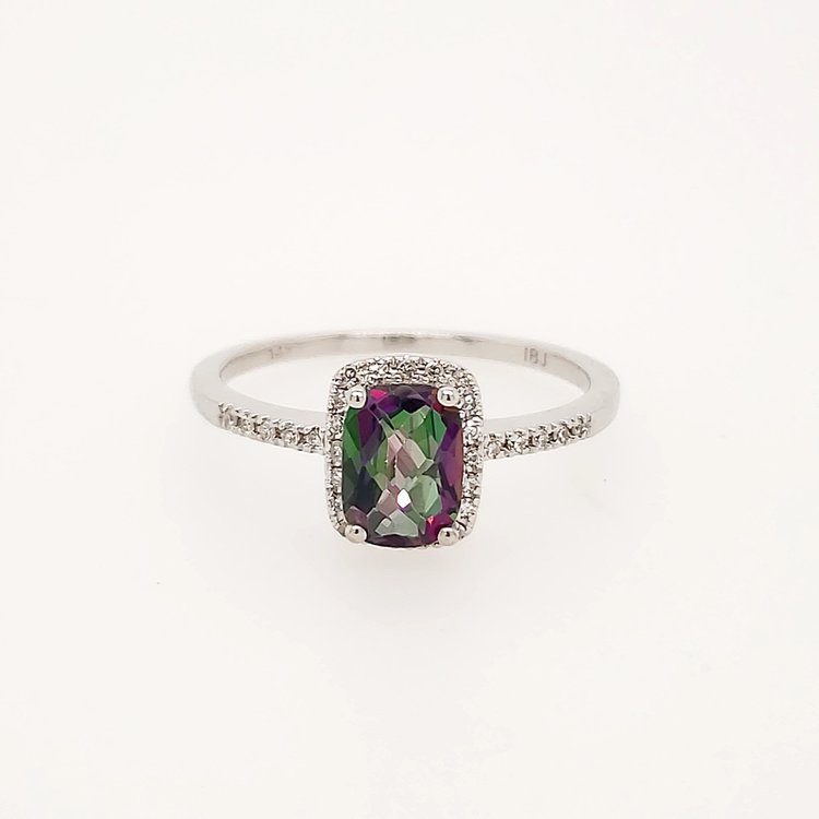 40155 14K WHITE GOLD .10CTW DIAMOND HALO CUSHION  CHECKERBOARD CUT MYSTIC TOPAZ  RING