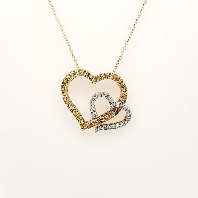 70229 14K YELLOW GOLD CITRINE AND DIAMOND DOUBLE OPEN HEART PENDANT NECKLACE