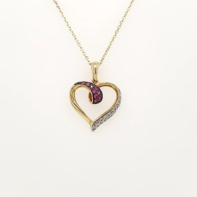 70231 14K YELLOW GOLD RUBY AND DIAMOND HIGH POLISH OPEN HEART  PENDANT NECKLACE