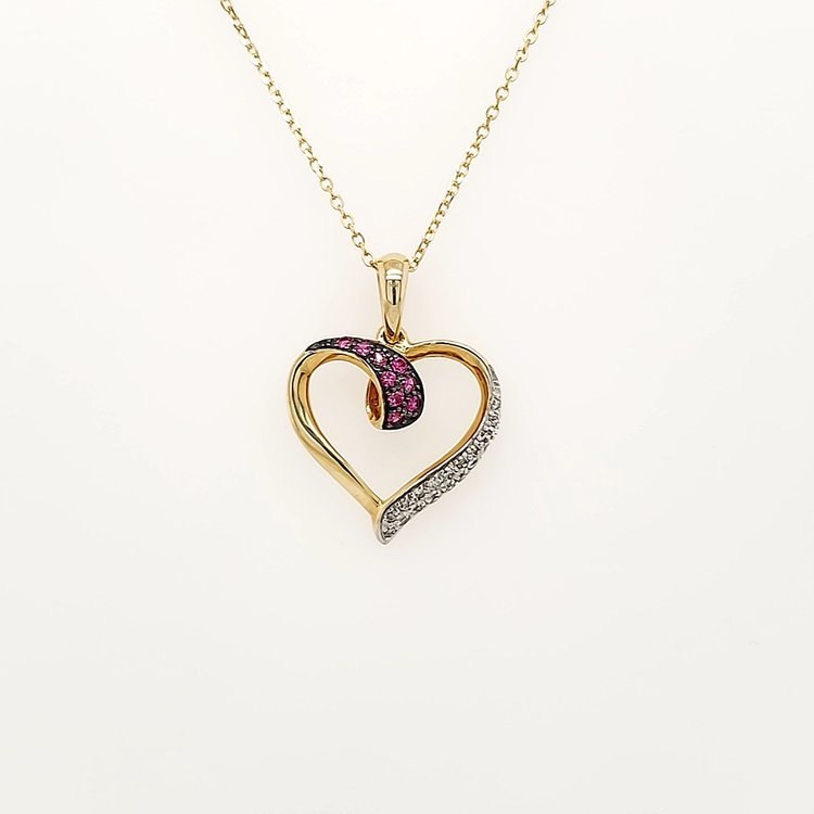 70231 14K YELLOW GOLD RUBY AND DIAMOND HIGH POLISH OPEN HEART  PENDANT NECKLACE