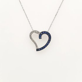 70237 14K WHITE GOLD HALF SAPPHIRE HALF DIAMOND OPEN HEART PENDANT NECKLACE