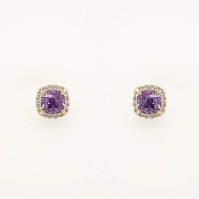 30727 14K YELLOW GOLD SYNTHETIC AMETHYST CUSHION CUT HALO CUBIC ZIRCONIA EARRINGS