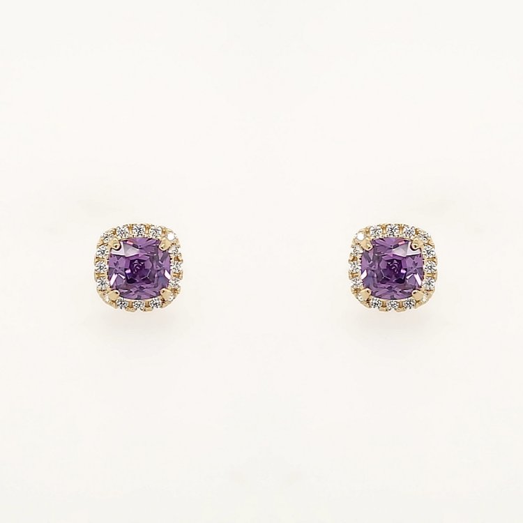 30727 14K YELLOW GOLD SYNTHETIC AMETHYST CUSHION CUT HALO CUBIC ZIRCONIA EARRINGS