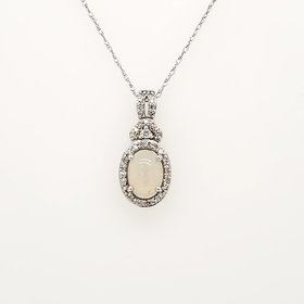 70240 14K WHITE GOLD .15CTW DIAMOND HALO OVAL OPAL PENDANT NECKLACE