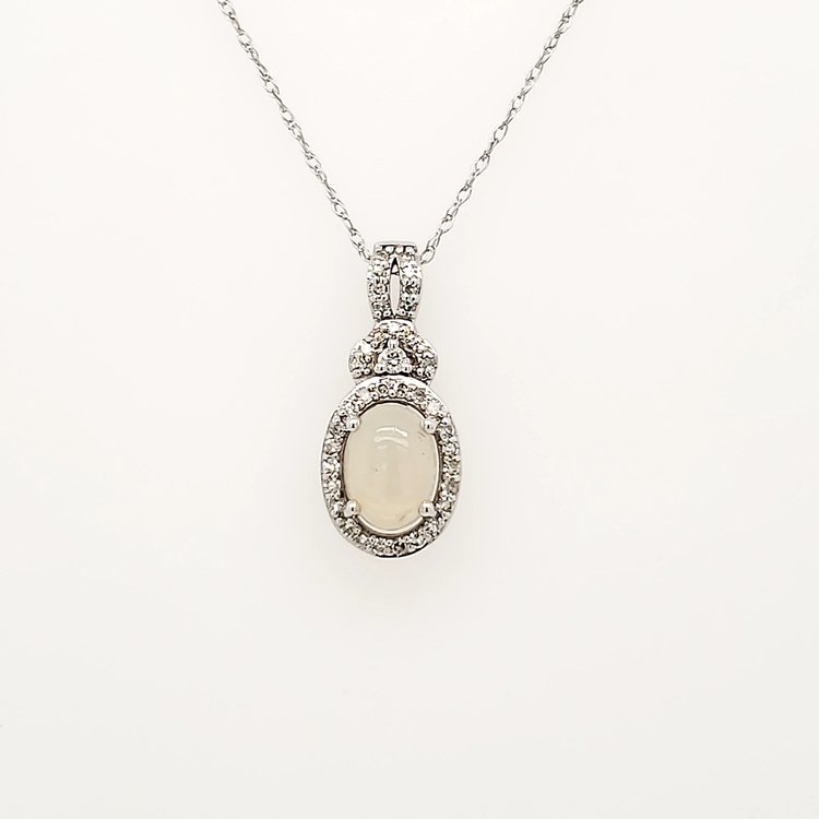 70240 14K WHITE GOLD .15CTW DIAMOND HALO OVAL OPAL PENDANT NECKLACE