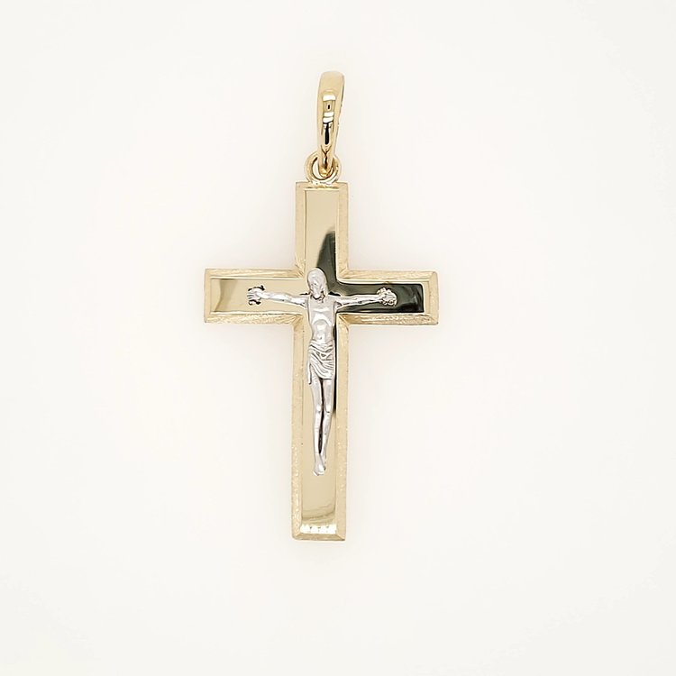 77204 14K GOLD 2 TONE WITH SATIN BORDERS AND HIGH POLISH FINISH CRUCIFIX