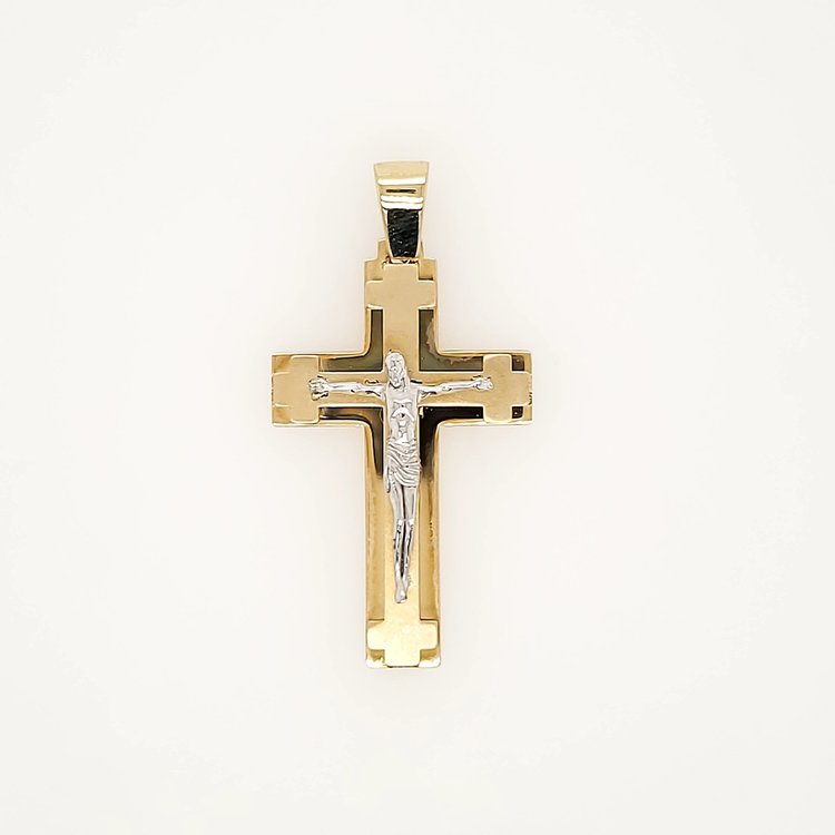 77205 14K GOLD 2 TONE SATIN AND HIGH POLISH FINISH BOXED CRUCIFIX