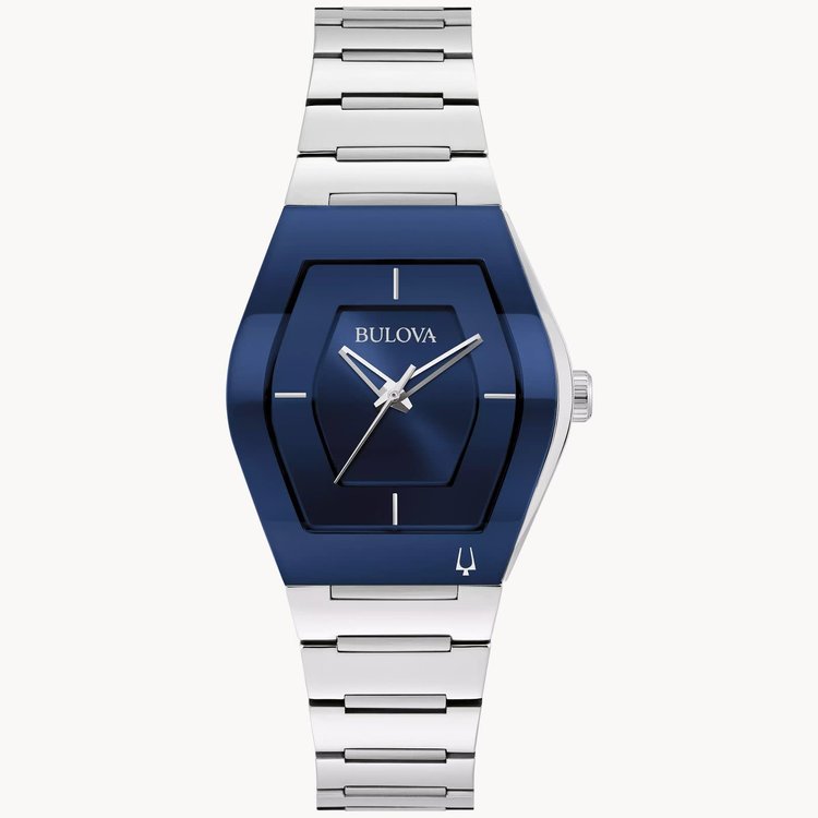 bulova 10026 BULOVA TONNEAU SHAPED STAINLESS STEEL CASE WITH BLUE SIGNATURE FUTURO EDGE CURVED METALIZED CRYSTAL BLUE DIAL  STAINLESS STEEL BAND LADIES WATCH