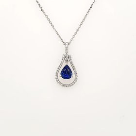 70243 18K WHITE GOLD DANGLING PEAR SHAPE SAPHIRE WITH .19TCW DIAMOND HALO PENDANT  NECKLACE