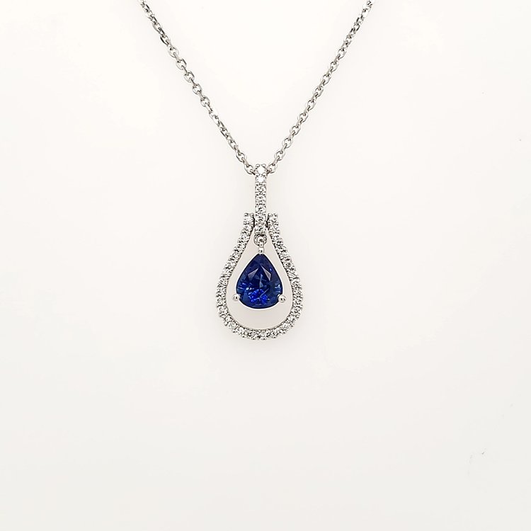 70243 18K WHITE GOLD DANGLING PEAR SHAPE SAPHIRE WITH .19TCW DIAMOND HALO PENDANT  NECKLACE