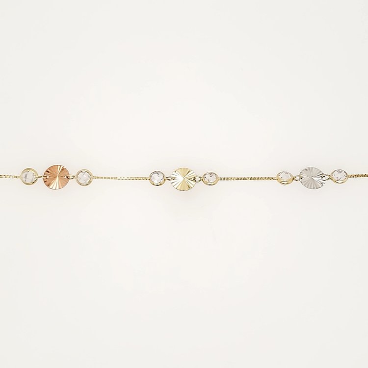20224 14K TRI COLOR DIAMOND CUT DISC CUBIC ZIRCONIA FANCY ANKLET BRACELET