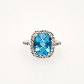 40176 14K WHITE GOLD DIAMOND BLUE TOPAZ CUSHION CUT CHECKER BOARD RING