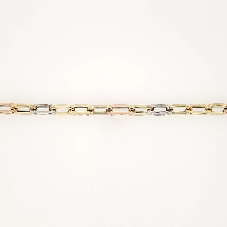 20223 14K TRI COLOR HIGH POLISH FANCY PAPER CLIP LINK BRACELET