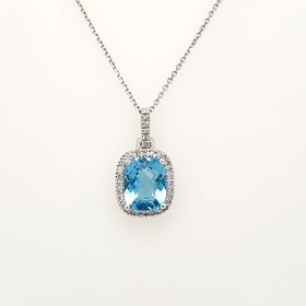 70253 14K WHITE  GOLD DIAMOND BLUE TOPAZ CUSHION CUT CHECKER BOARD  PENDANT NECKLACE
