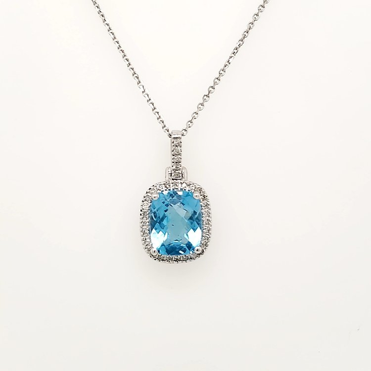 70253 14K WHITE  GOLD DIAMOND BLUE TOPAZ CUSHION CUT CHECKER BOARD  PENDANT NECKLACE