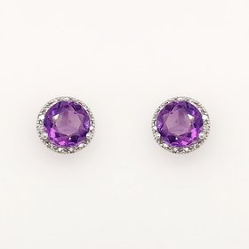 30758 14K WHITE GOLD .07CTW DIAMOND HALO ROUND AMETHYST STUDS