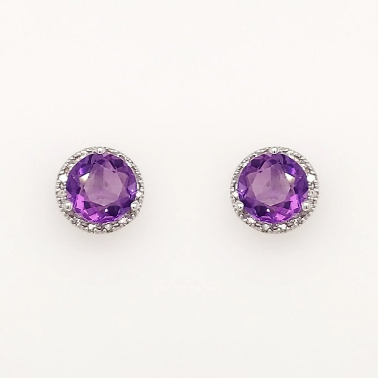 30758 14K WHITE GOLD .07CTW DIAMOND HALO ROUND AMETHYST STUDS