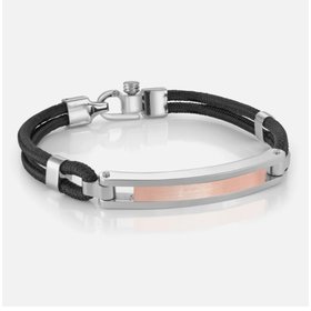 SMB409 STAINLESS STEEL ITALGEM ROSE GOLD IP BRUSHED ID PLATE BLACK CORD BRACELET