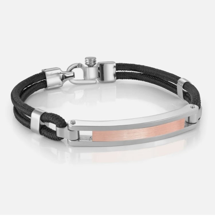 SMB409 STAINLESS STEEL ITALGEM ROSE GOLD IP BRUSHED ID PLATE BLACK CORD BRACELET