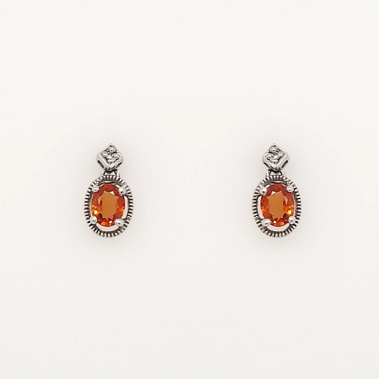 30759 14K WHITE GOLD OVAL ORANGE SAPHIRE BEADED STUDS