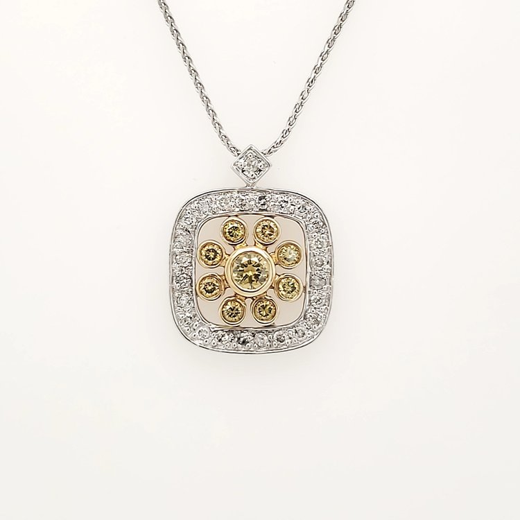 70262 14K WHITE GOLD .60CTW  DIAMOND AND CANARY SQUARE HALO FLOWER PENDANT NECKLACE