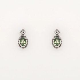 30760 14K WHITE  GOLD OVAL GREEN SAPHIRE BEADED HALO STUD EARRINGS