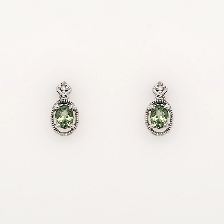 30760 14K WHITE  GOLD OVAL GREEN SAPHIRE BEADED HALO STUD EARRINGS