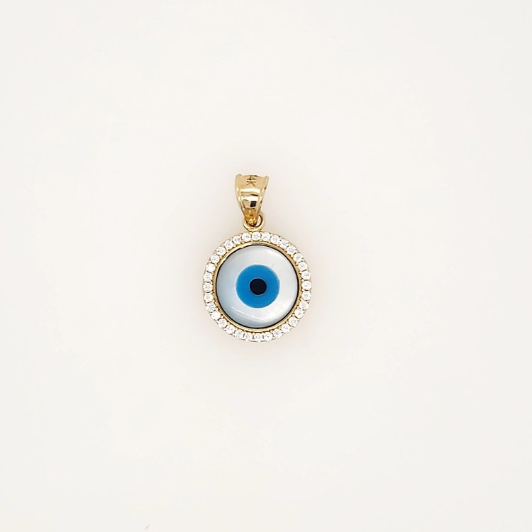 78101  14K YELLOW GOLD 13.50"  CUBIC ZIRCONIA ROUND EVIL EYE CHARM PENDANT