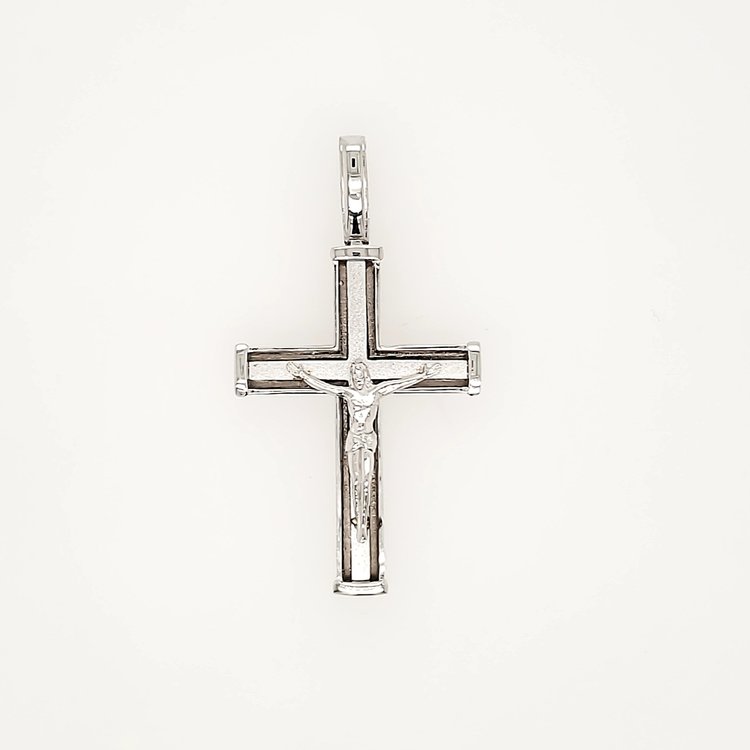 77220 14K WHITE GOLD 1.35" HIGH POLISH SATIN FINISH CONCAVE DESIGN CRUCIFIX