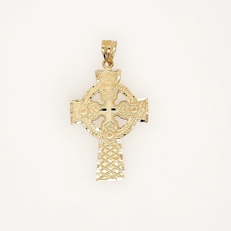 77218 14K YELLOW GOLD 1.15" CELTIC CROSS DIAMOND CUT AND MATTE FINISH