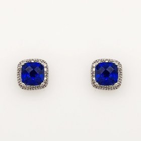 30767 14K WHITE GOLD .15CTW DIAMOND HALO CHECKERBOARD CUT LAB CREATED SAPPHIRE  STUDS