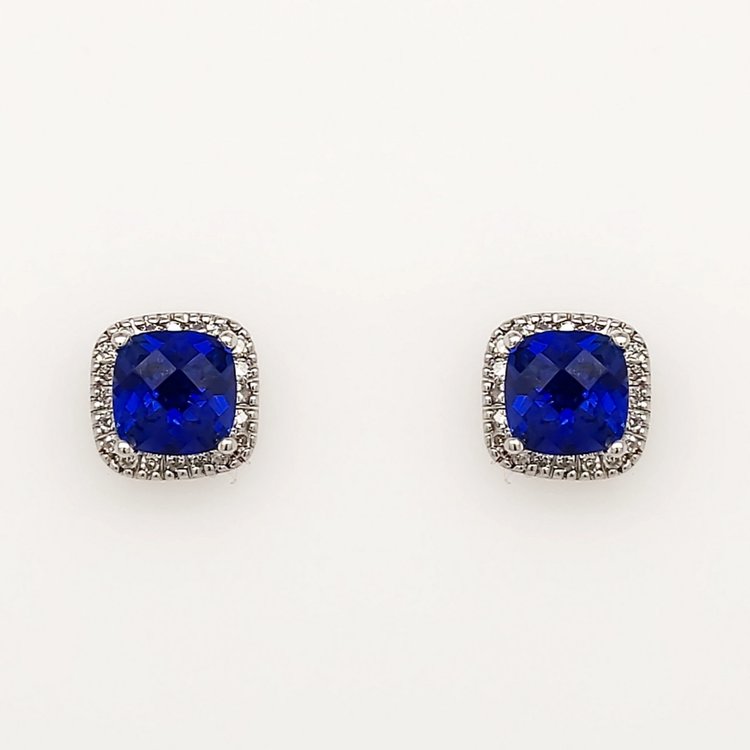 30767 14K WHITE GOLD .15CTW DIAMOND HALO CHECKERBOARD CUT LAB CREATED SAPPHIRE  STUDS